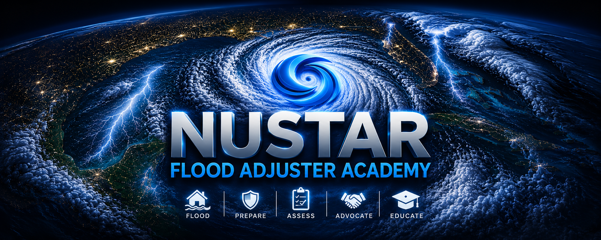 NuStar Flood Adjuster Academy — cinematic hurricane over the United States with the five pillars